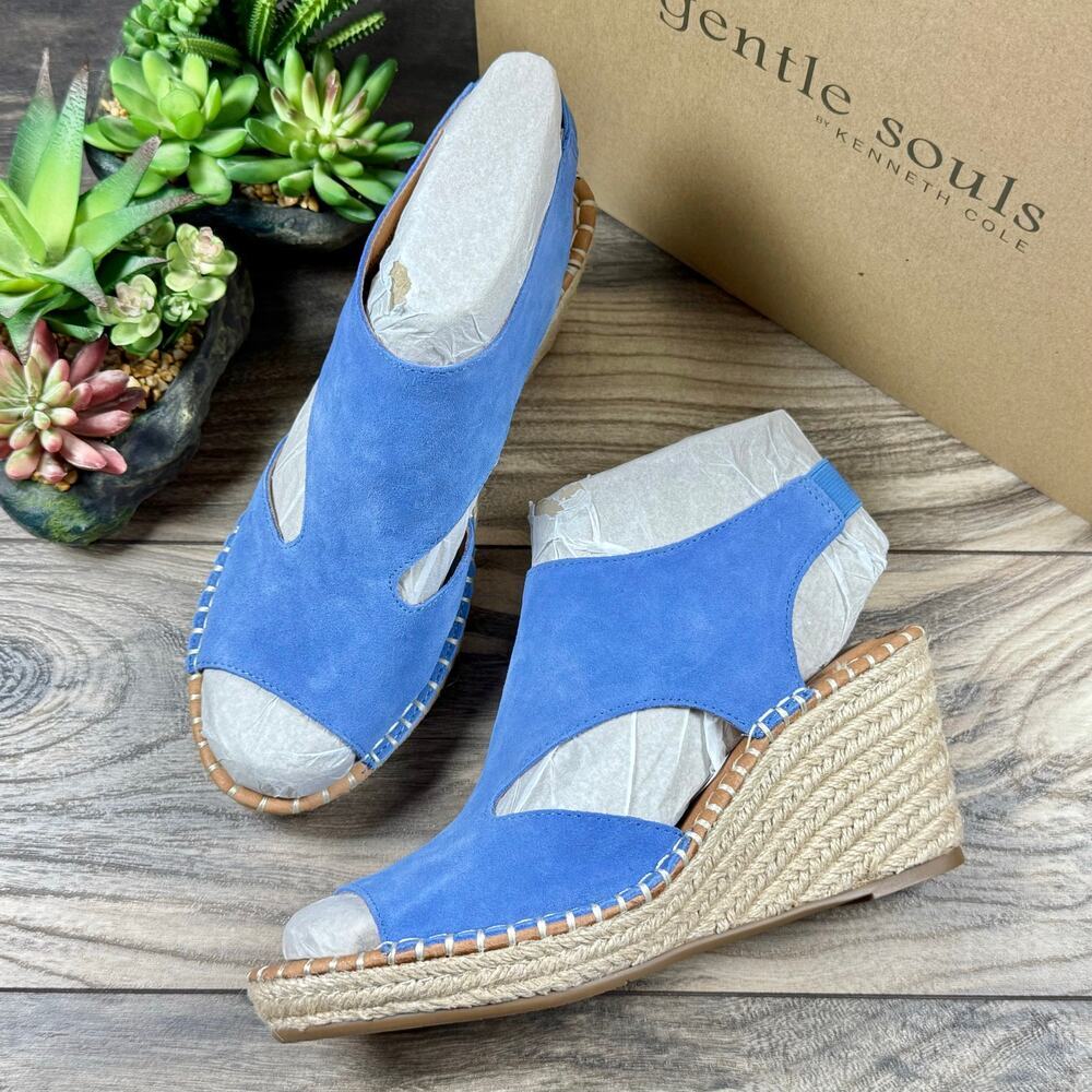 NIB Gentle Souls Cody 8M Blue Suede Slingback Open Toe Espadrille Wedge Sandals